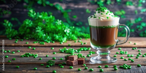 St. Patrick's Day celebration with Irish coffee in glass cup, sprinkles on green with copy space