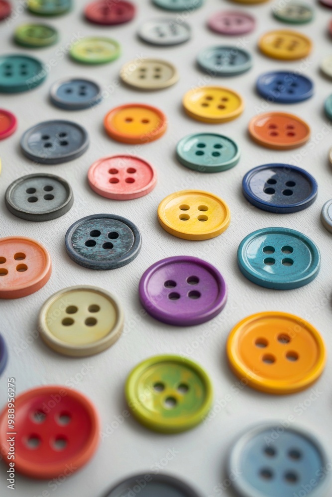 A collection of brightly colored buttons scattered across a white table, each differing slightly in size and shade, forming a playful yet minimalist texture. A collection of brightly colored buttons scattered across a white table, each differing slightly in size and shade, forming a playful yet minimalist texture.