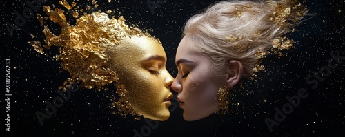 Gemini Zodiac Sign, A radiant golden representation of the Gemini twins, set against a black starry backdrop, symbolizing duality and connection. photo