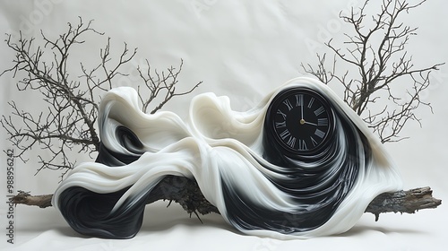 A black and white melting clock draped over a branch, with surreal abstract details, soft curves of the clock face flowing downward, symbolizing the fluidity of time,