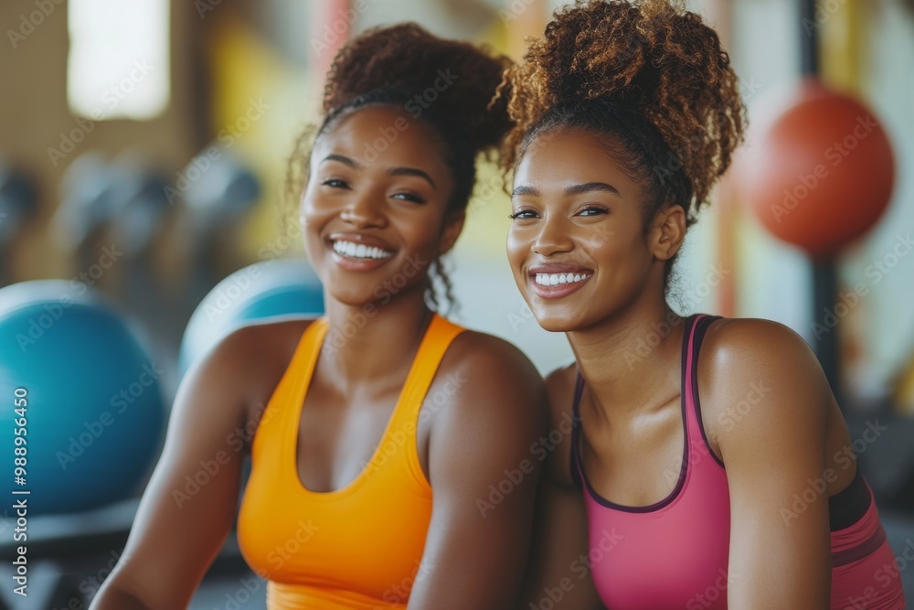 Happy black woman warming up with her female friend during sports training in gym, Generative AI Happy black woman warming up with her female friend during sports training in gym, Generative AI