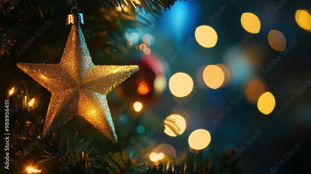 Golden Star Ornament on Christmas Tree with Blurred Lights Golden Star Ornament on Christmas Tree with Blurred Lights