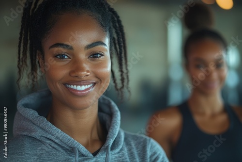 Wallpaper Mural Happy black woman warming up with her female friend during sports training in gym, Generative AI Torontodigital.ca