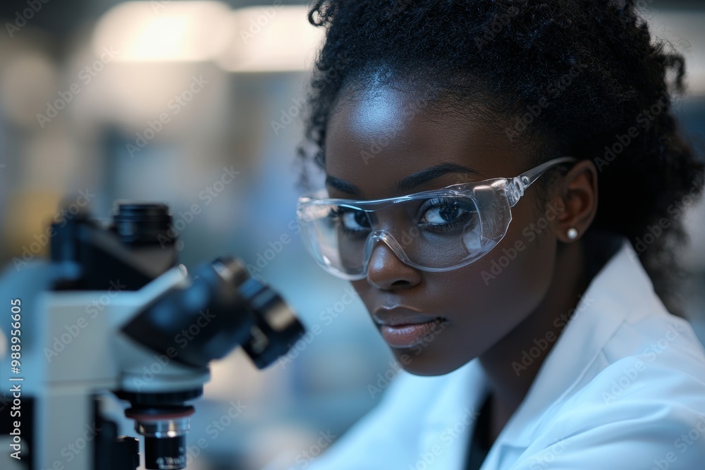 Black female scientist looking through microscope while working in laboratory, Generative AI Black female scientist looking through microscope while working in laboratory, Generative AI
