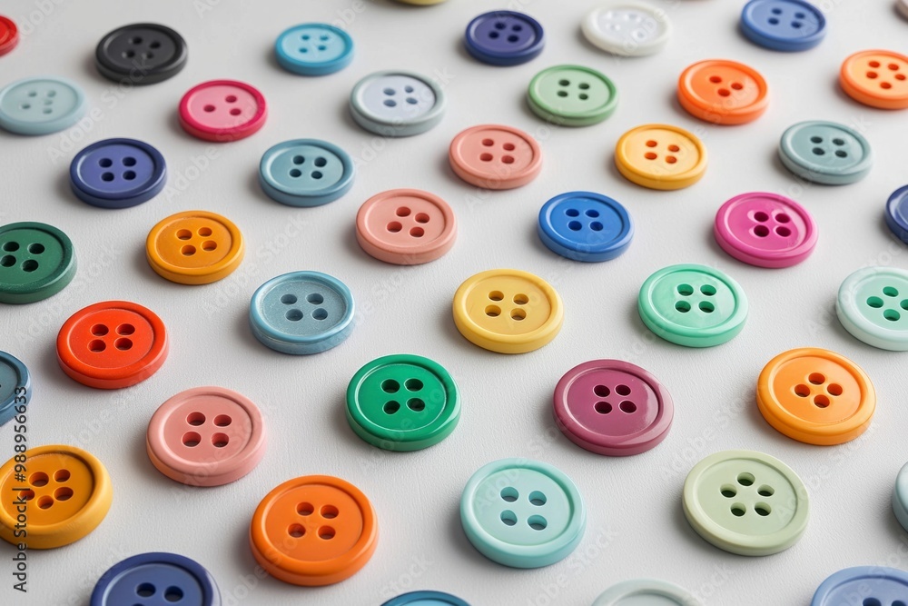 A collection of brightly colored buttons scattered across a white table, each differing slightly in size and shade, forming a playful yet minimalist texture. A collection of brightly colored buttons scattered across a white table, each differing slightly in size and shade, forming a playful yet minimalist texture.