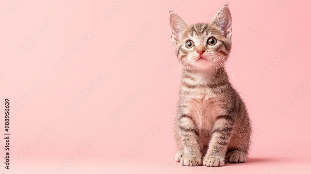 Obraz premium A cute kitten sitting calmly against a soft pink background, creating a playful and heartwarming image perfect for pet lovers.