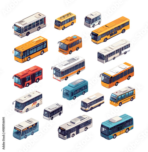 Bus city transport isometry vector set. Van coach shuttle minibus four wheeled motored urban passenger transportation carriers vehicle, illustrations isolated on white background