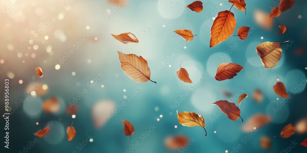 Autumn Leaves Floating with Bokeh Effects on Blue Background Autumn Leaves Floating with Bokeh Effects on Blue Background