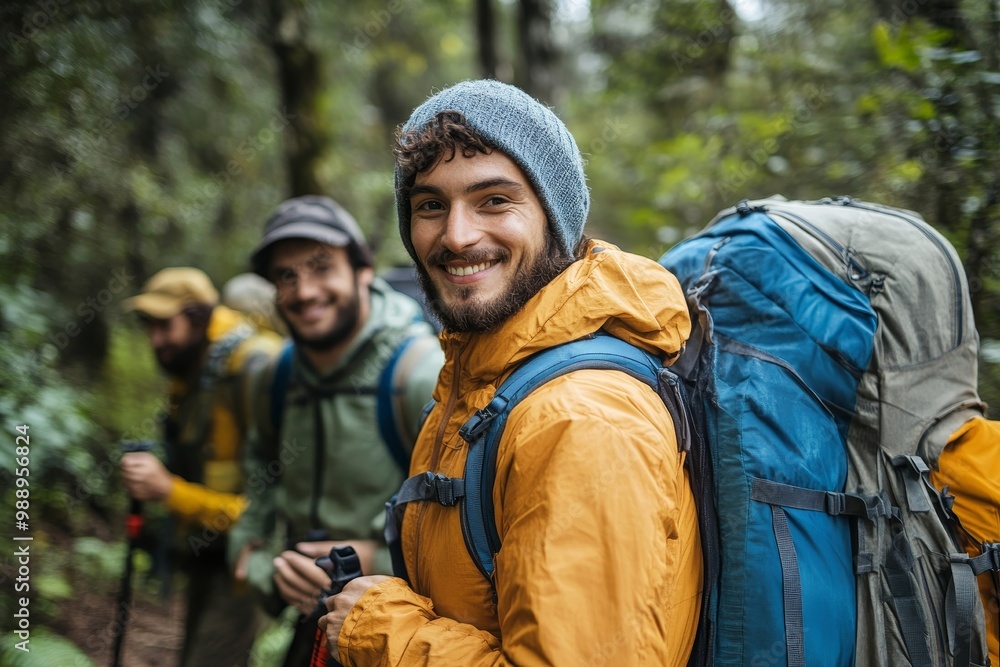 Happy backpacker and his friends hiking in forest, Generative AI Happy backpacker and his friends hiking in forest, Generative AI