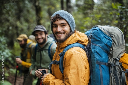 Wallpaper Mural Happy backpacker and his friends hiking in forest, Generative AI Torontodigital.ca