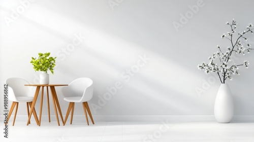 A white wall with a table and chairs in front of it, AI