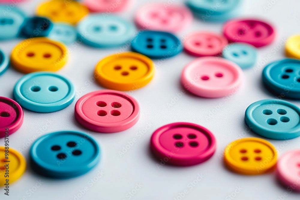 A collection of brightly colored buttons scattered across a white table, each differing slightly in size and shade, forming a playful yet minimalist texture. A collection of brightly colored buttons scattered across a white table, each differing slightly in size and shade, forming a playful yet minimalist texture.
