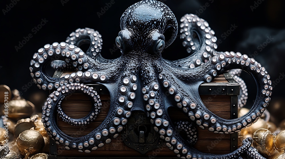 A black and white octopus tentacle twisting around a treasure chest, detailed suction cups and wood grain textures, symbolizing mystery and adaptability, soft lighting and bold contrasts. A black and white octopus tentacle twisting around a treasure chest, detailed suction cups and wood grain textures, symbolizing mystery and adaptability, soft lighting and bold contrasts.
