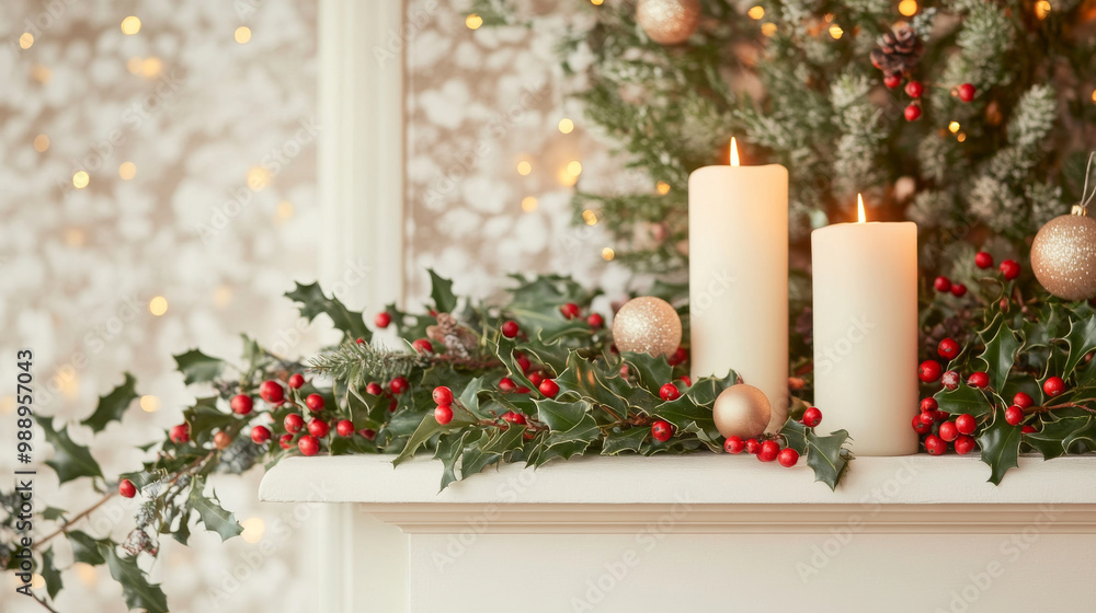 A cozy Christmas scene featuring two lit candles surrounded by festive greenery, red berries, and golden ornaments, creating warm and inviting atmosphere A cozy Christmas scene featuring two lit candles surrounded by festive greenery, red berries, and golden ornaments, creating warm and inviting atmosphere