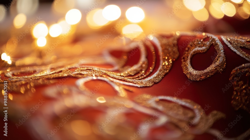 Elegant Fabric with Gold Embroidery and Twinkling Lights