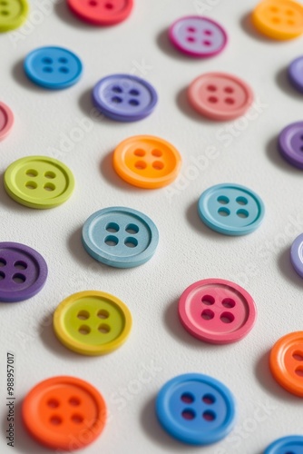 A collection of brightly colored buttons scattered across a white table, each differing slightly in size and shade, forming a playful yet minimalist texture. 