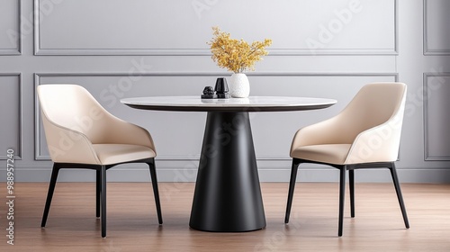 A table and chairs in a room with hardwood floors, AI