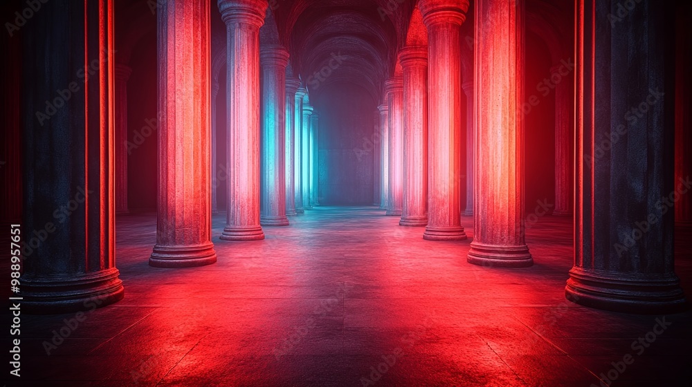 Fototapeta premium A row of stone pillars stand in an empty hall, illuminated by a red and blue neon glow, casting long shadows on the floor, creating a sense of mystery and intrigue.