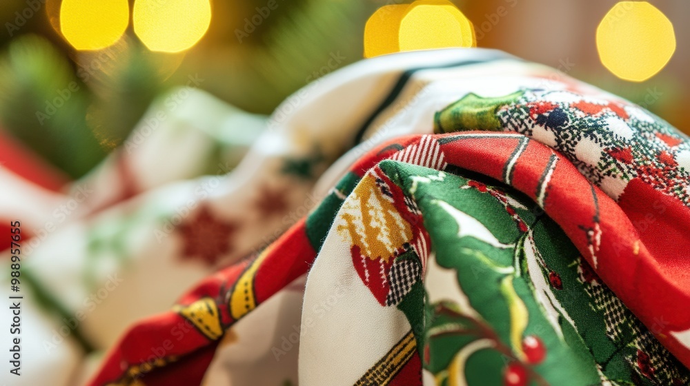 Fototapeta premium Festive Fabric with Christmas Patterns and Bokeh Lights