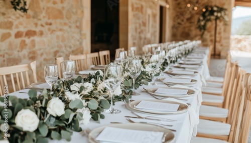 A rustic wedding palette with earthy tones of sage green, beige, and ivory, featuring eucalyptus garlands, wooden decor, and neutral table settings.