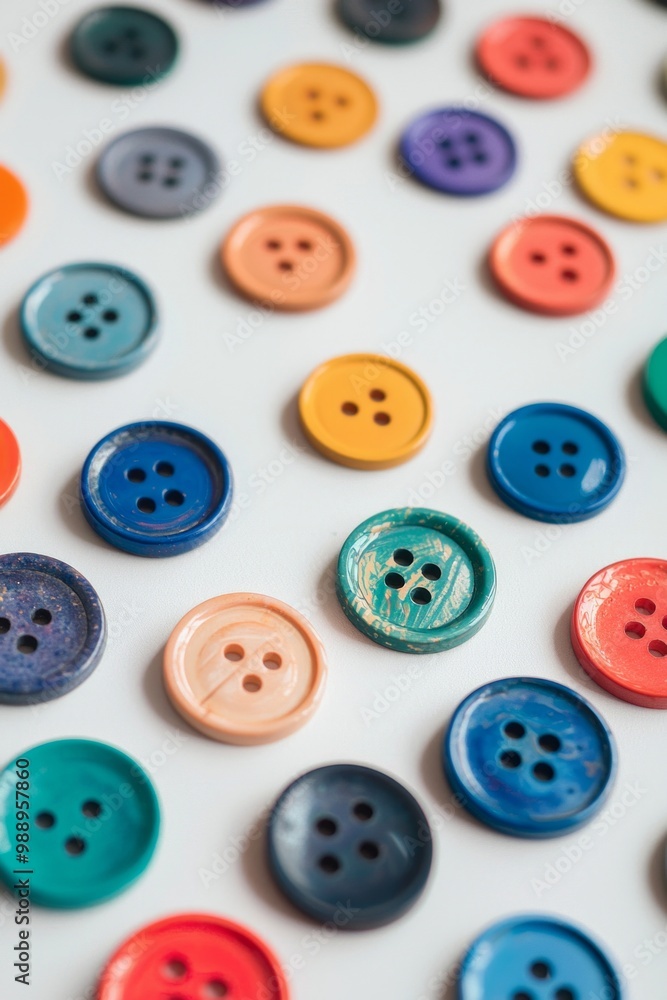 A collection of brightly colored buttons scattered across a white table, each differing slightly in size and shade, forming a playful yet minimalist texture. A collection of brightly colored buttons scattered across a white table, each differing slightly in size and shade, forming a playful yet minimalist texture.