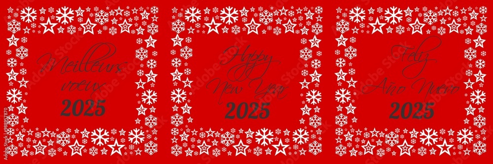 3 Square wish cards 2025 new year written in English, French, Spanish in black font with a lot of white stars on a red background 3 Square wish cards 2025 new year written in English, French, Spanish in black font with a lot of white stars on a red background