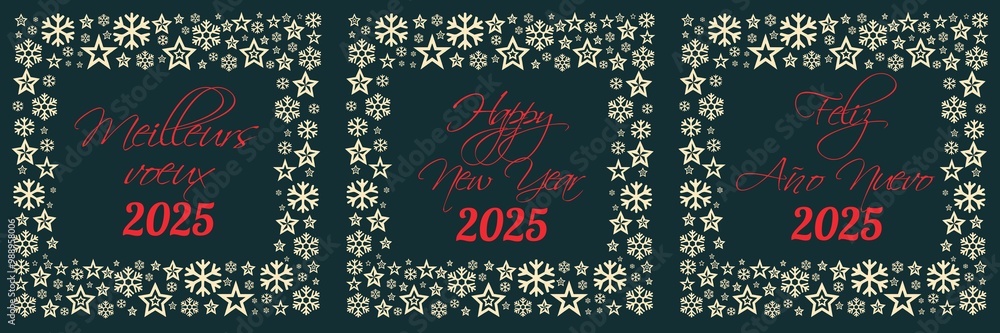 3 Square wish cards 2025 written in Spanish, English, French in red font with a lot of golden stars on a green background 3 Square wish cards 2025 written in Spanish, English, French in red font with a lot of golden stars on a green background