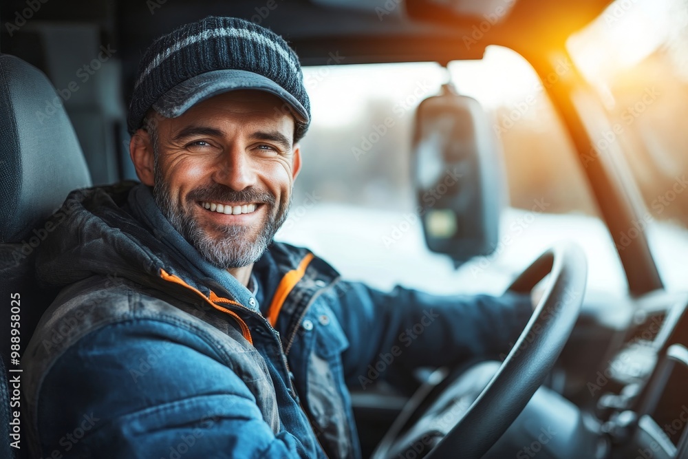 Happy professional truck driver driving his truck and looking at camera, Generative AI Happy professional truck driver driving his truck and looking at camera, Generative AI
