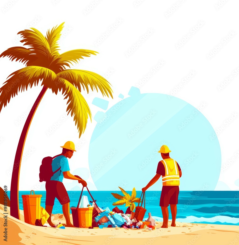 Fototapeta premium A beautiful beach cleanup event, with volunteers collecting and sorting plastic waste