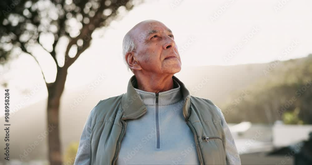 Old man, fitness and thinking in outdoor training, exercise break and outside for mental health. Senior male person, retirement workout and relax on morning mountain, mindset and reflection for peace Old man, fitness and thinking in outdoor training, exercise break and outside for mental health. Senior male person, retirement workout and relax on morning mountain, mindset and reflection for peace