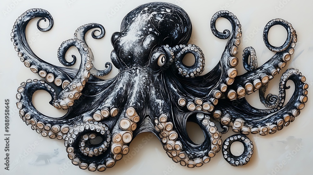 Obraz premium A black and white octopus with tentacles reaching out in all directions, detailed suction cups and flowing shapes, symbolizing adaptability and fluidity, soft shading and bold lines.
