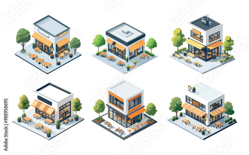 Cafe restaurant buildings isometric vector set. Cafeteria trees plants tables benches outdoor espresso bar, bistro modern facade exterior quick service , fast food veranda breakfast urban coffee shop