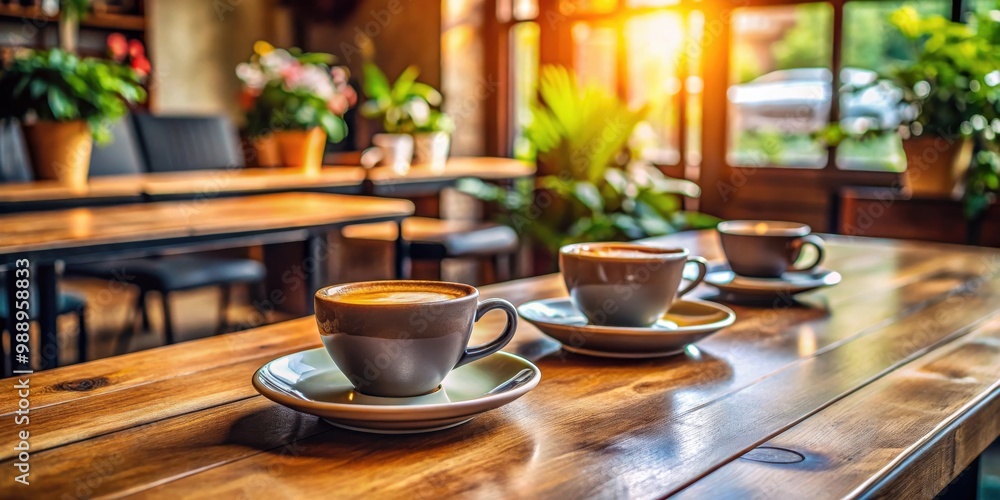 Morning coffee setting with two cups of espresso on wooden table in a cozy cafe Morning coffee setting with two cups of espresso on wooden table in a cozy cafe