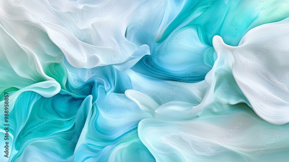 Obraz premium An abstract painting in cool tones of turquoise, seafoam green, and icy blue, with flowing lines and fluid shapes evoking a sense of water.
