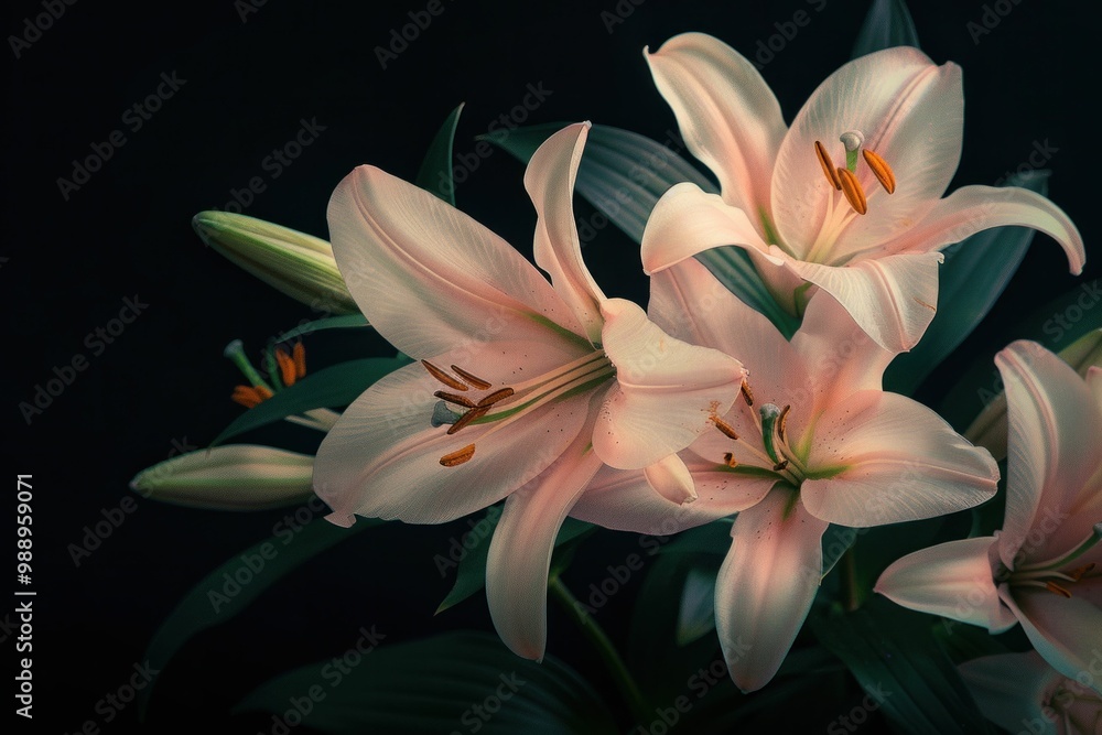 Elegant pink lilies with delicate petals on a dark background, exuding a sense of tranquility and beauty Elegant pink lilies with delicate petals on a dark background, exuding a sense of tranquility and beauty