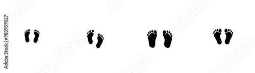 In a flat design, two footprints are shown. A human footprint icon is shown as a silhouette of a human footprint. Steps icon is presented as a sign. Baby feet are clean and black. Feet on a flat