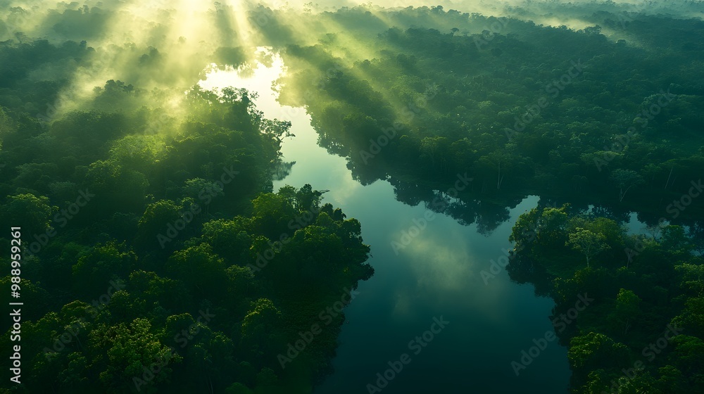 Overhead shot of a tropical rainforest with winding rivers, exotic animals barely visible beneath the lush green canopy, morning sunlight filtering through Overhead shot of a tropical rainforest with winding rivers, exotic animals barely visible beneath the lush green canopy, morning sunlight filtering through