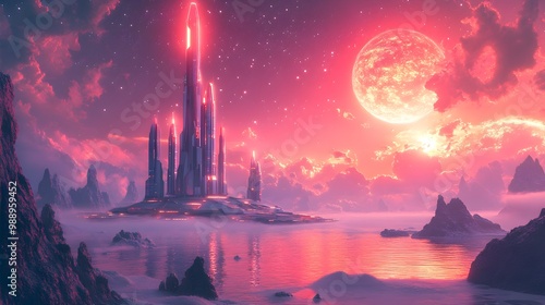 Spaceport in an alien landscape, advanced rockets ready for launch, swirling nebulae in the sky, cyberpunk, neon-infused, 3D illustration, high contrast, metallic textures