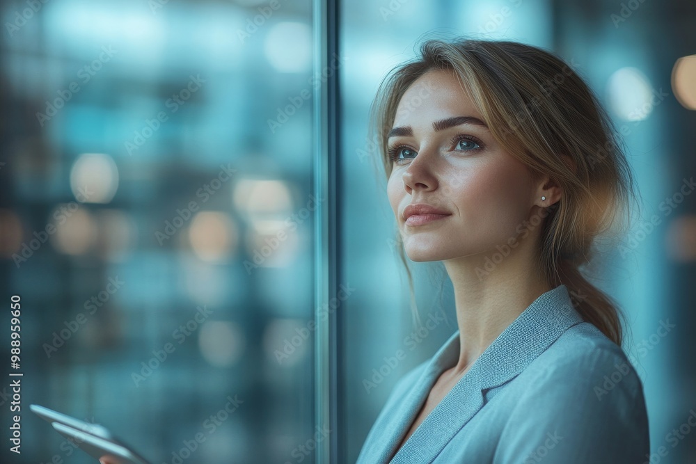 Pensive businesswoman with touchpad looking through window while working in office, Generative AI Pensive businesswoman with touchpad looking through window while working in office, Generative AI