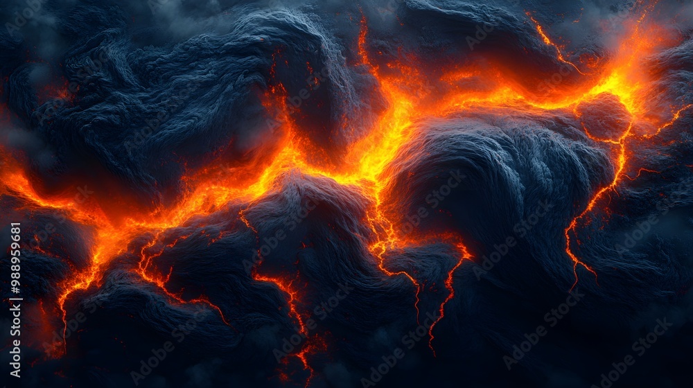 Volcanic explosion captured from the sky, glowing lava rivers flowing down, swirling ash clouds illuminated by fire, abstract digital painting, monochrome with red-orange highlights Volcanic explosion captured from the sky, glowing lava rivers flowing down, swirling ash clouds illuminated by fire, abstract digital painting, monochrome with red-orange highlights