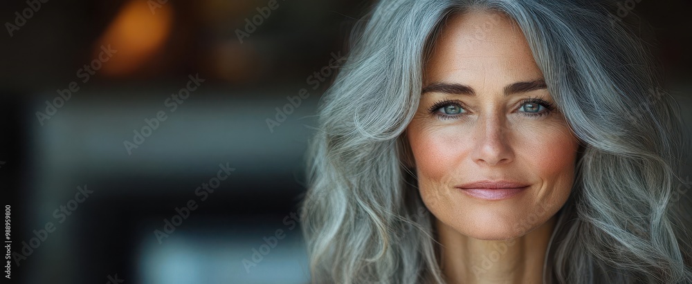 elegant middleaged woman with flowing gray hair confident pose and gentle smile exude wisdom and grace soft lighting enhances her natural beauty and timeless allure elegant middleaged woman with flowing gray hair confident pose and gentle smile exude wisdom and grace soft lighting enhances her natural beauty and timeless allure