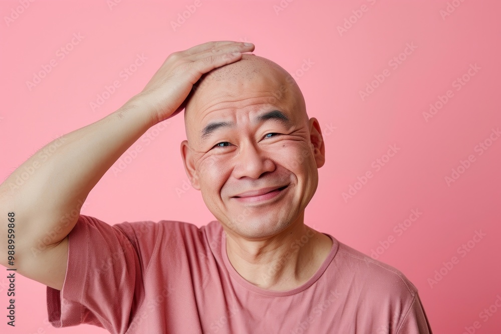 Bald middle age asian man touching shaved head smile frustration happiness. Bald middle age asian man touching shaved head smile frustration happiness.