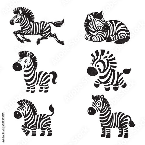 set of zebra silhouettes cartoon vector