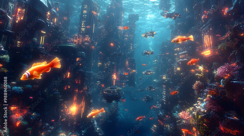 Aerial perspective of coral reefs, futuristic marine drones monitoring sea life, underwater city in background, Cyberpunk, Digital painting, Neon accents, Cool tones, Intricate Aerial perspective of coral reefs, futuristic marine drones monitoring sea life, underwater city in background, Cyberpunk, Digital painting, Neon accents, Cool tones, Intricate