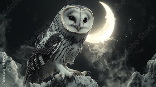 A black and white owl perched on a crescent moon, detailed feathers and sharp talons, with the moon softly glowing in the background, symbolizing wisdom and intuition,