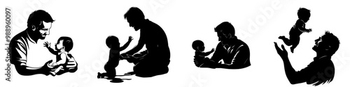 The father smiles at his child as he plays with him and the child smiles back. Modern black color silhouette 2.