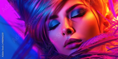 Close up of woman face covered in colorful paint. Portrait of female model face with colorful color splashing on face. Artistic photography for creative and expressive design. Expression. AIG51.