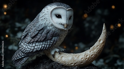 A black and white owl perched on a crescent moon, wings tucked in, detailed feathers and night sky backdrop, symbolizing wisdom and mystery, soft shading and high contrast. --ar 16:9 --no logo