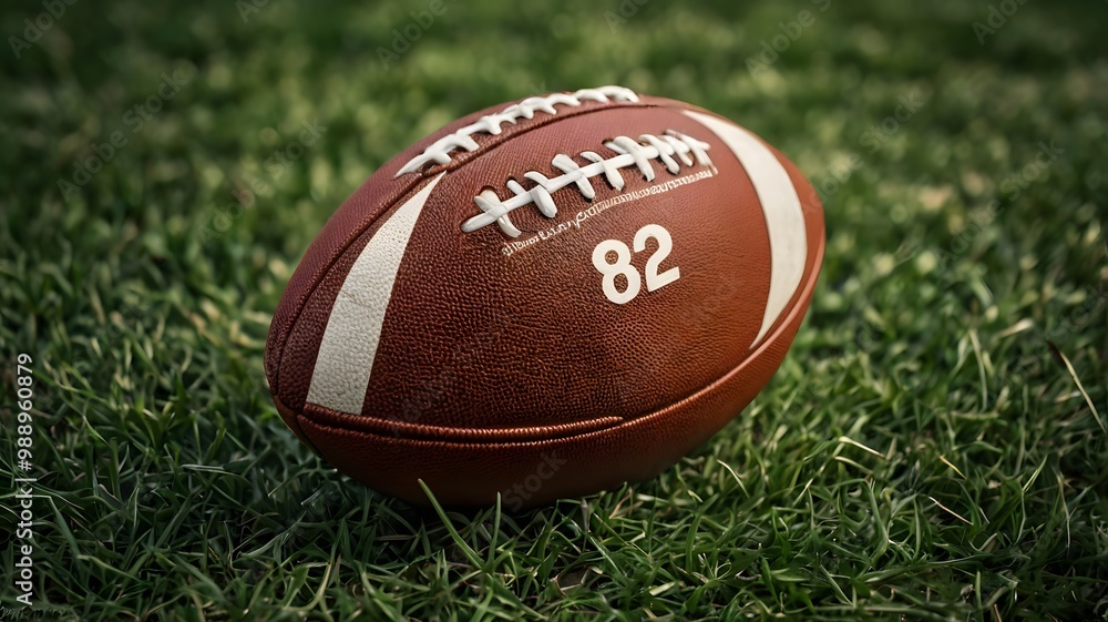 Sports rugby ball with number 82 on grassy field under natural light Sports rugby ball with number 82 on grassy field under natural light