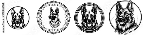 Black and white animal illustration of a German Shepherd dog with art nouveau decoration and stencil logo